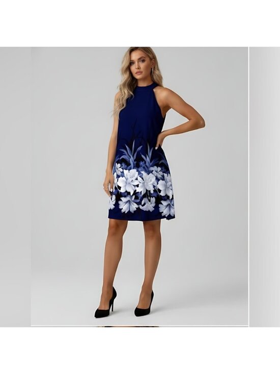 By Design Dresses & Skirts - Boho Floral Print A-Line Halterneck Dress Blue